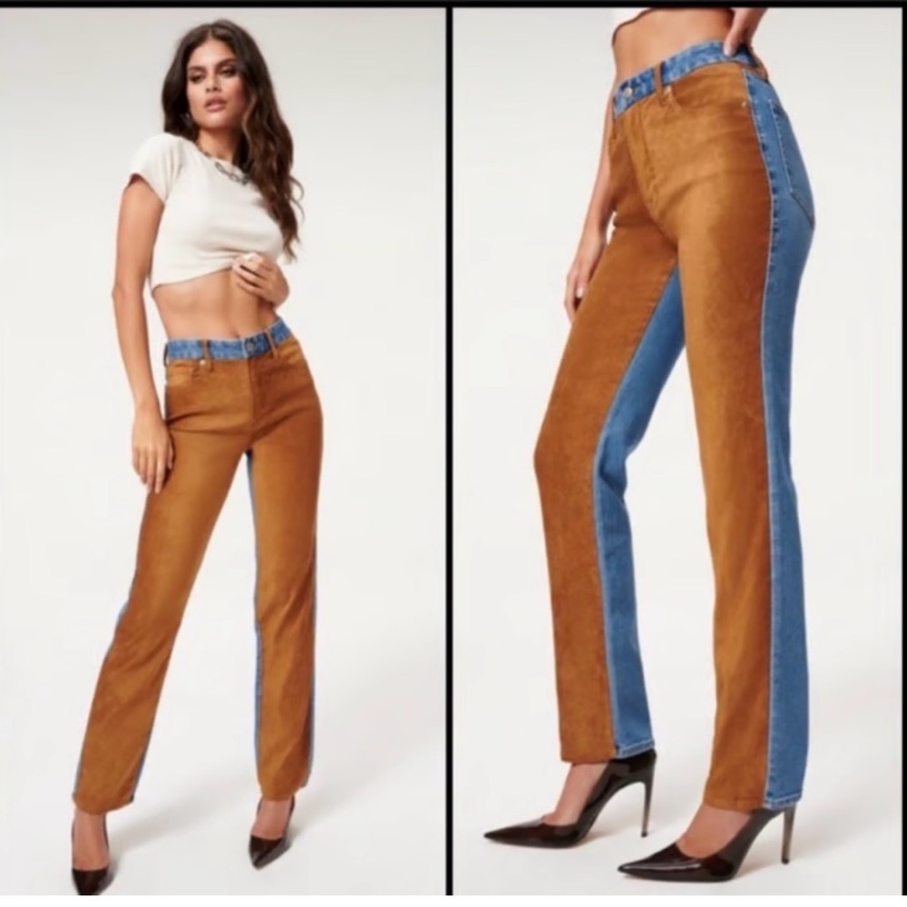 GOOD AMERICAN | ICON MIXED MEDIA DENIM & FAUX SUEDE PANTS JEANS SIZE 6/28